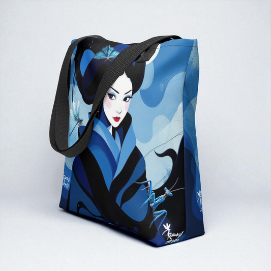 Bolso tote Geisha Azul en vista tres cuartos desde la izquierda mostrando el lateral, asas negras.