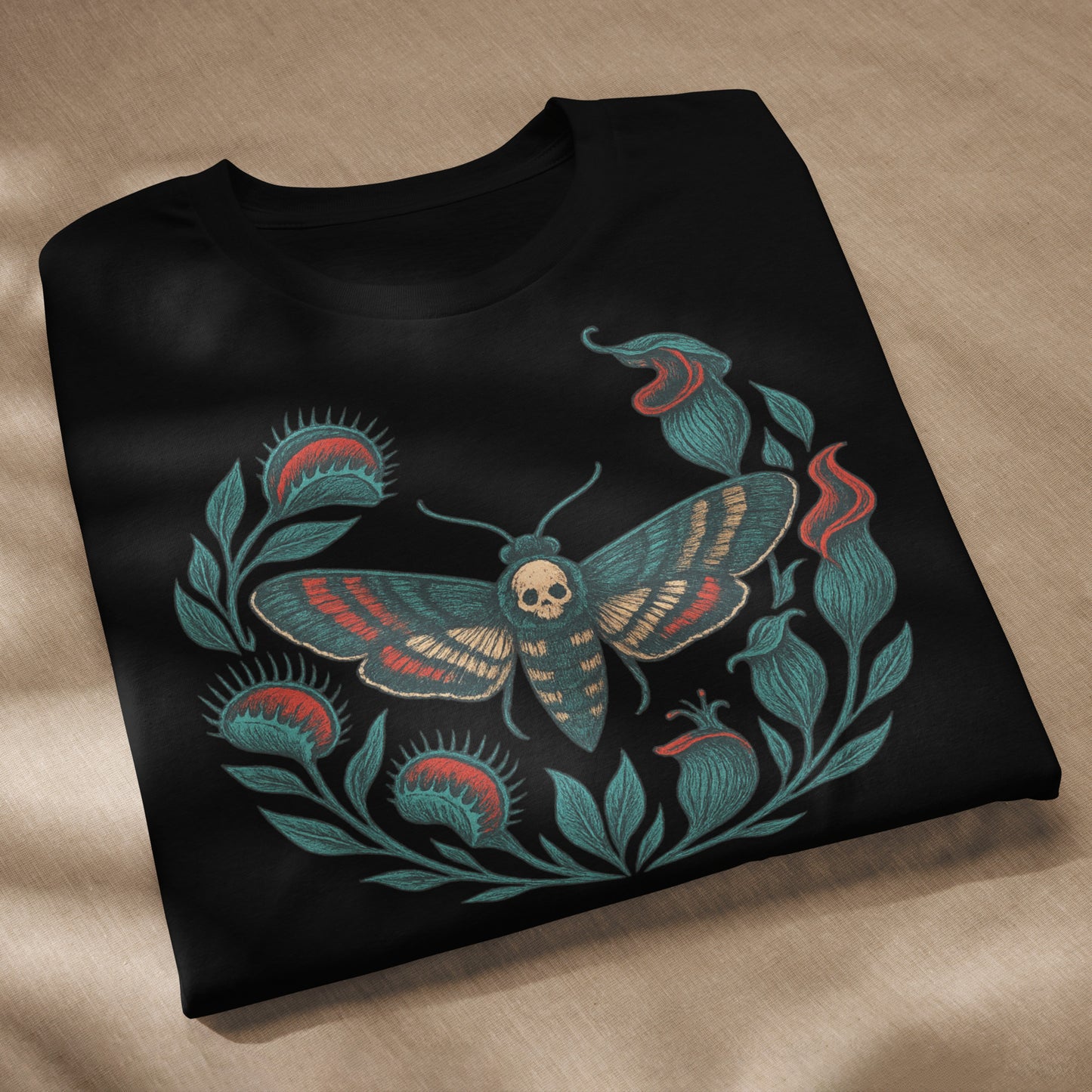 Mockup de camiseta eco unisex negra con diseño de polilla calavera y corona botánica.