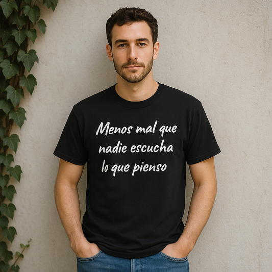 Hombre con camiseta negra con la frase menos mal que nadie escucha lo que pienso junto a planta