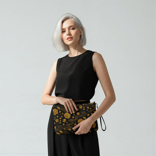 Modelo de pie con bolso crossbody Crisantemos al hombro, fondo gris claro