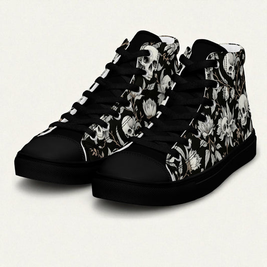 Par Zapatilla alta negra mujer con calaveras y flores vista diagonal