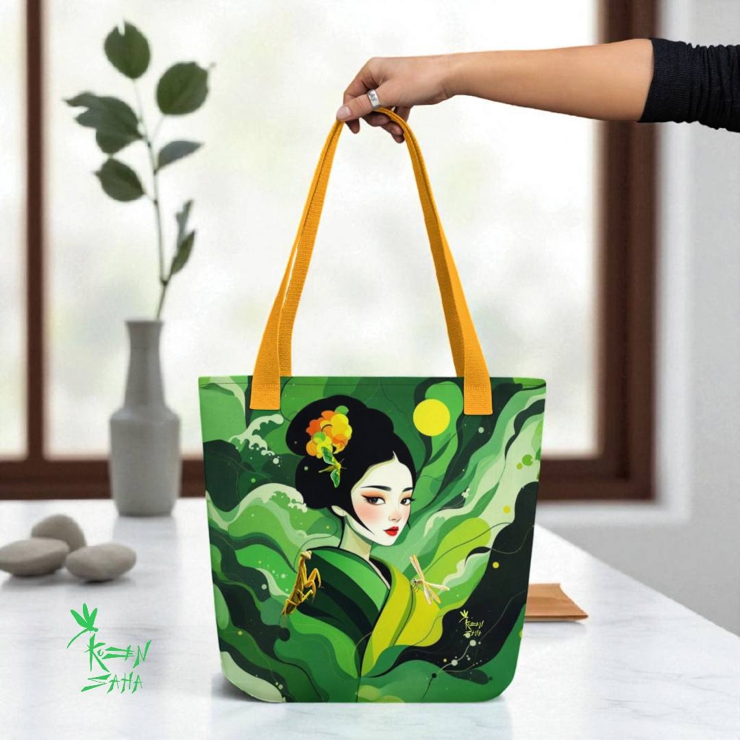 Bolso tote Geisha Esperanza sostenido de las asas amarillas, ilustración japonesa artística en verde.