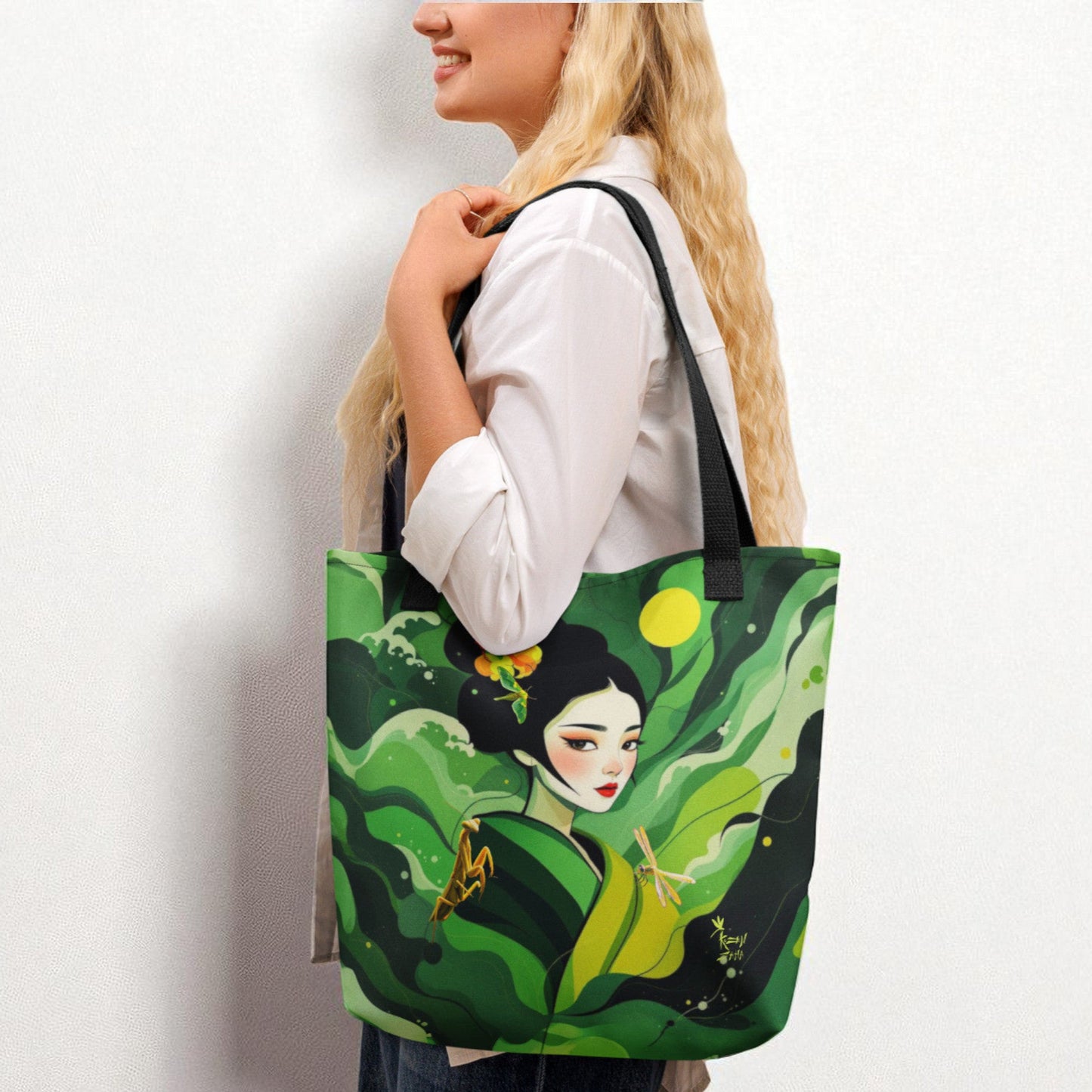 Bolso tote Geisha Esperanza al hombro, diseño exclusivo Kuzen Saha inspirado en el arte japonés.