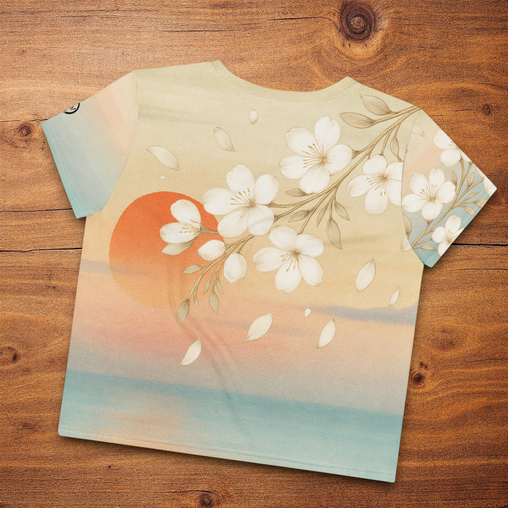 Vista artística del diseño en la espalda crop top con ilustración de libélula y composición floral.