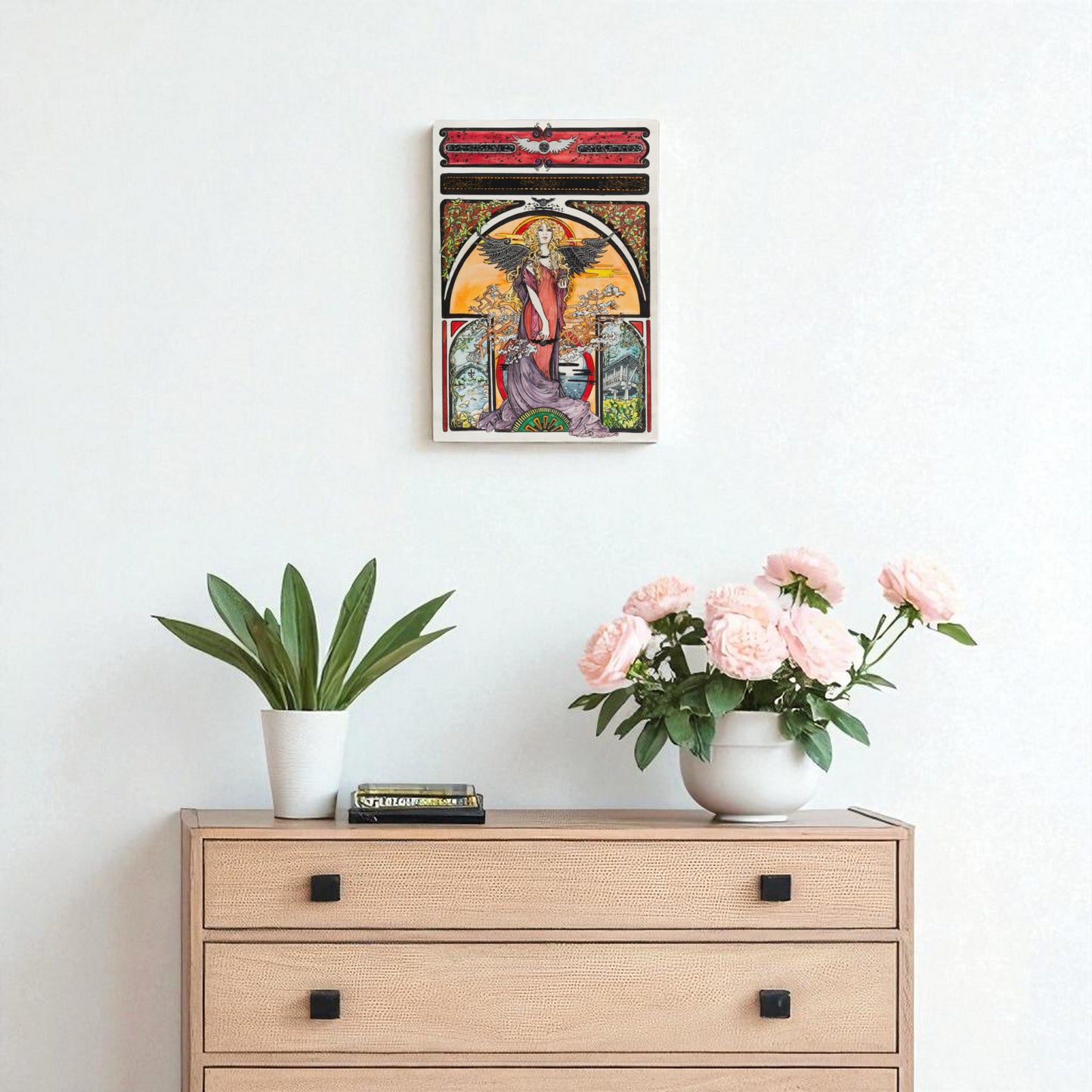 Póster homenaje a Asturias enmarcado sobre mueble con flores y decoración. repoducción calidad museo obra original de Kuzen Saha