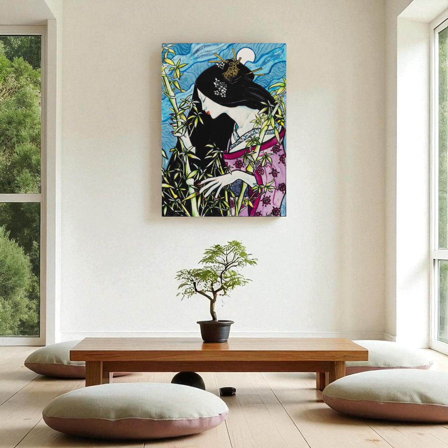 Reproducción en alta calidad de obra original de Kuzen Saha: Póster Bambú y Luna en sala japonesa con tatami, figura femenina entre cañas de bambú y luna llena