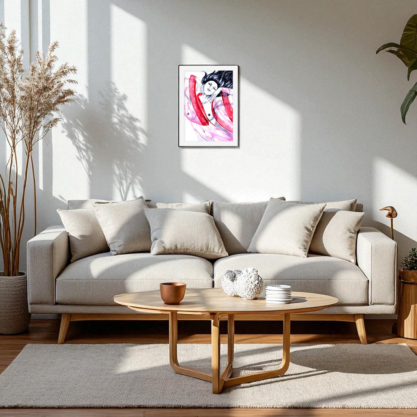 Póster Geisha Pink enmarcado sobre pared blanca, arte oriental