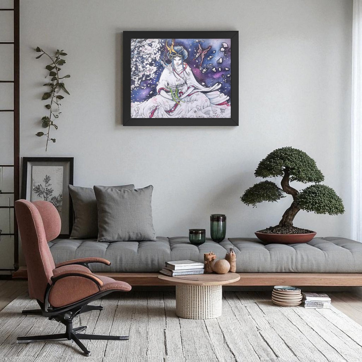 Póster Paz Interior enmarcado en salón, mujer meditando rodeada de pétalos de cerezo, salón zen con bonsais