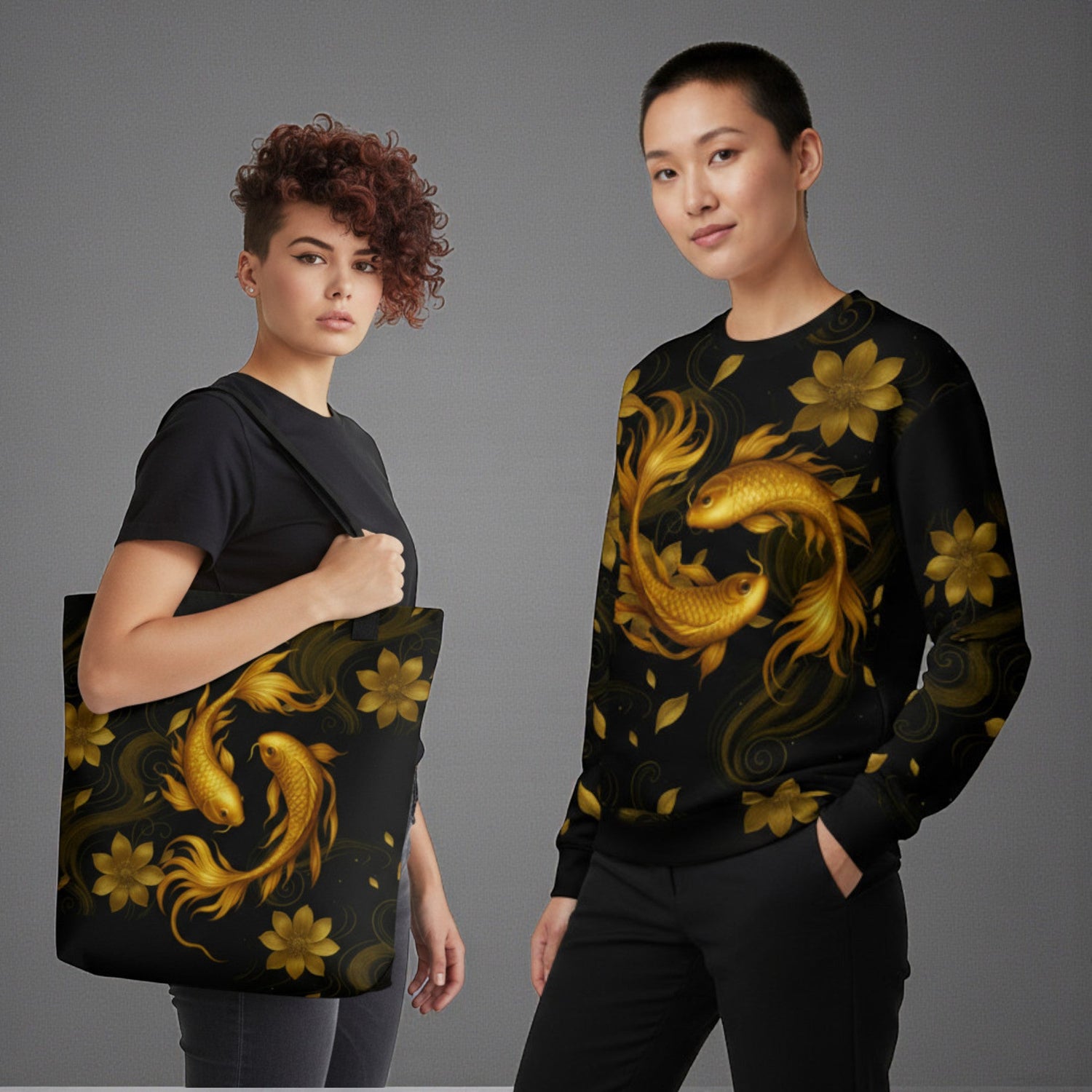 “Dos modelos con sudadera y bolso tote negros con koi dorado y flores, fondo gris de estudio