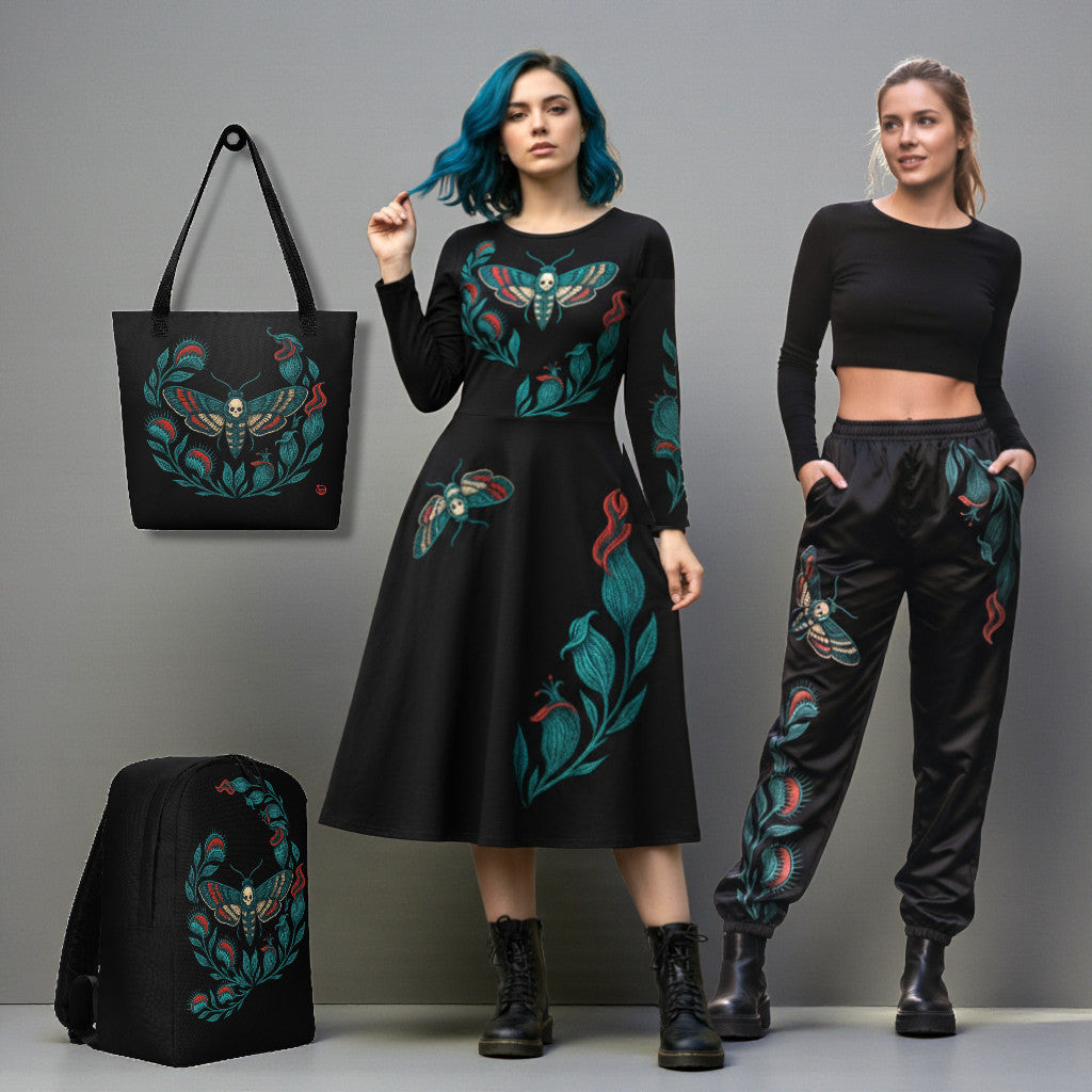 Colección Blue & Black Moth: vestido negro, joggers, bolso tote y mochila con motivos turquesa en estudio gris.