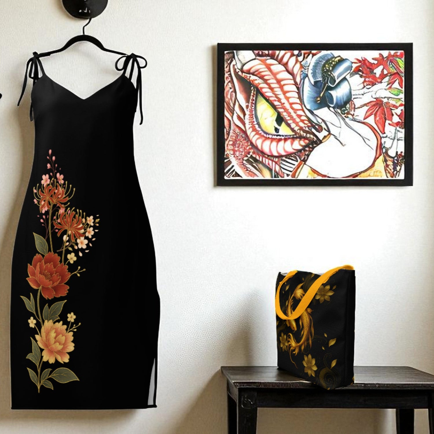 Vestido bolso y cuadro con motivos de arte oriental