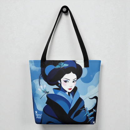 Bolso tote Geisha Azul, vista frontal centrada con asas negras, fondo de pared clara.