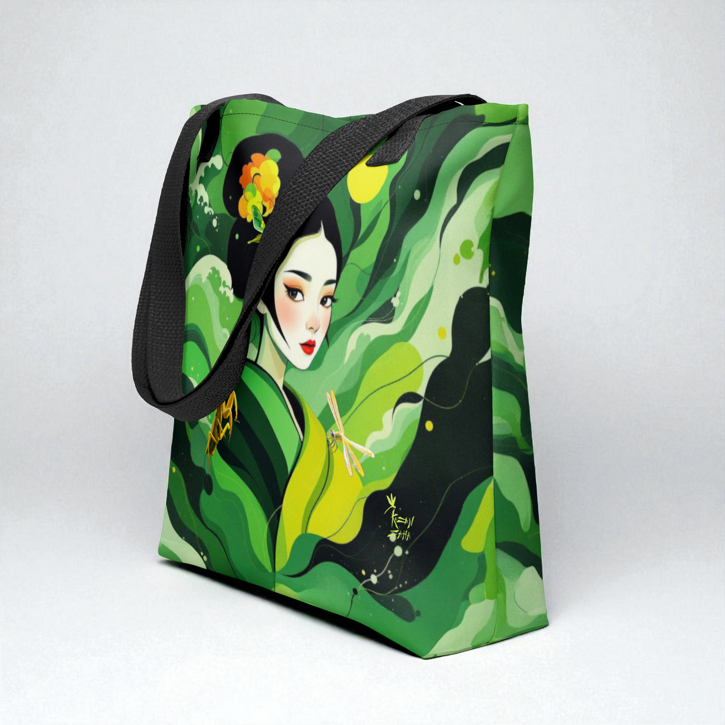 Bolso tote Geisha Esperanza en vista tres cuartos desde la izquierda, asas negras, fondo neutro.