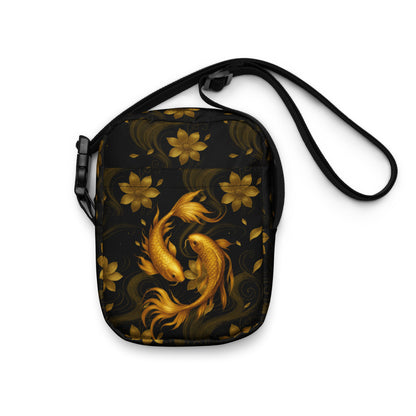 Bolso urbano Golden Koi negro con koi y flores doradas, vista frontal con correa