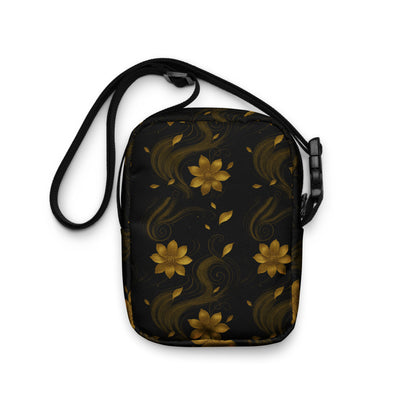 Bolso urbano Golden Koi negro con koi y flores doradas, vista fposterior  con correa