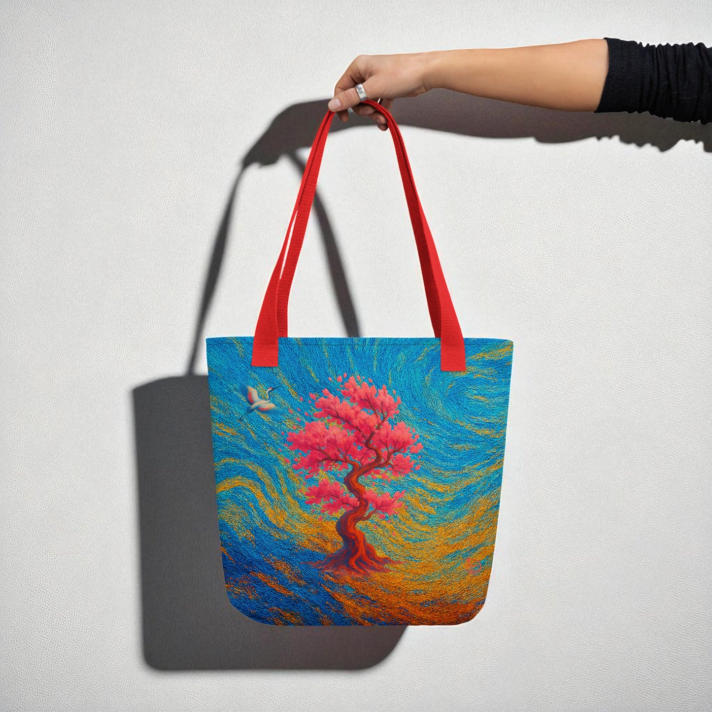 Bolso tote Sakura japonesa, mano levantando por asas rojas