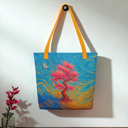 Bolso tote Sakura japonesa, asas amarillasvista frontal, colgado, fondo blanco, flores al lado