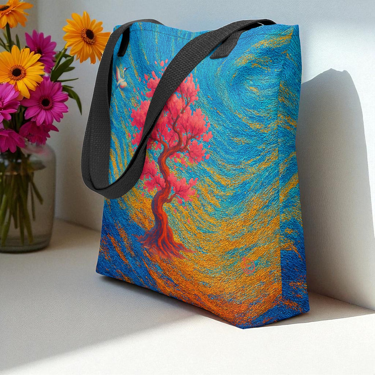 Bolso tote Sakura japonesa, vista tres cuartos, asas negras