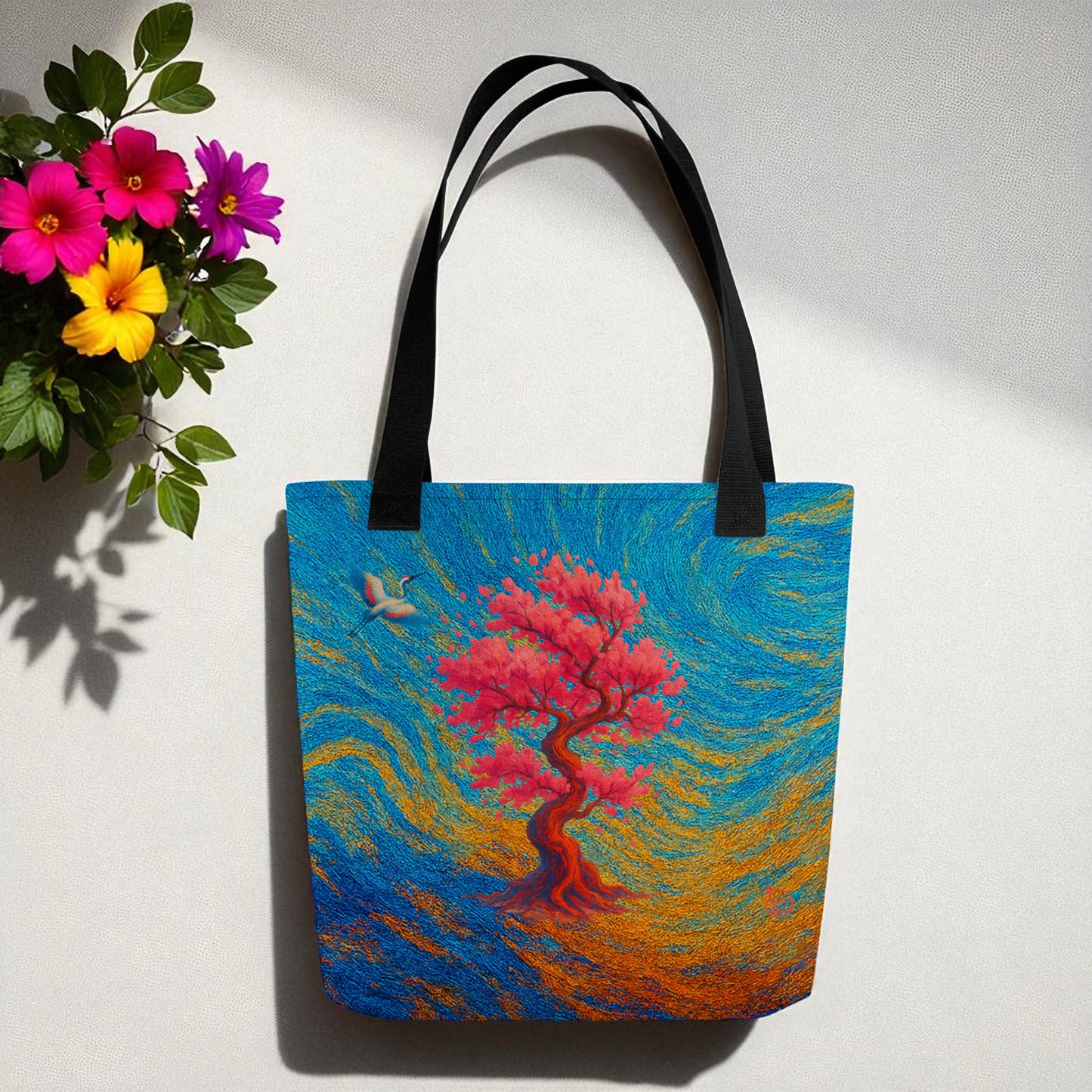 Bolso tote Sakura japonesa frontal con asas negras y flores