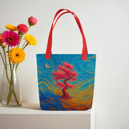 Bolso tote Sakura japonesa, vista tres cuartos, jarrón de flores al lado, asas rojas