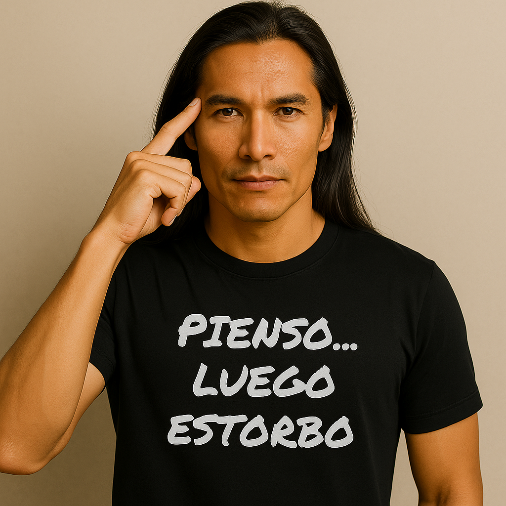 Camiseta negra unisex con frase Pienso luego estorbo en modelo hombre plano medio