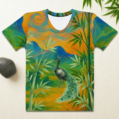 Camiseta de mujer bambú y pavo real, vista plana frontal con diseño de paisaje, bambú y pavo real