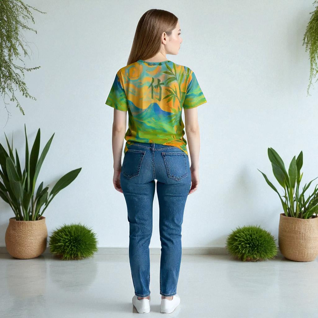 Camiseta de mujer bambú y pavo real, vista de espalda,con kanji bambú