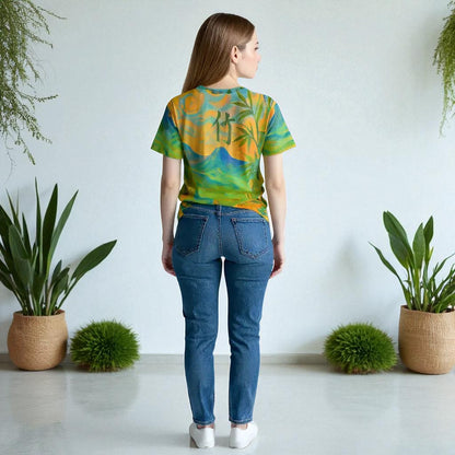 Camiseta de mujer bambú y pavo real, vista de espalda,con kanji bambú