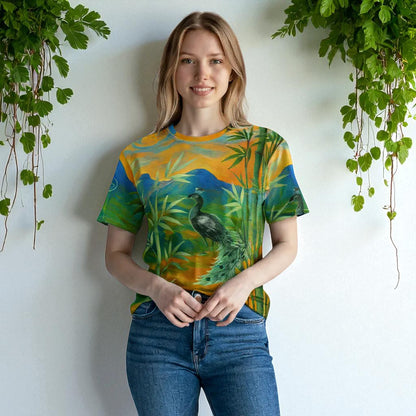 Camiseta de mujer bambú y pavo real, vista frontal, modelo, plantas de fondo