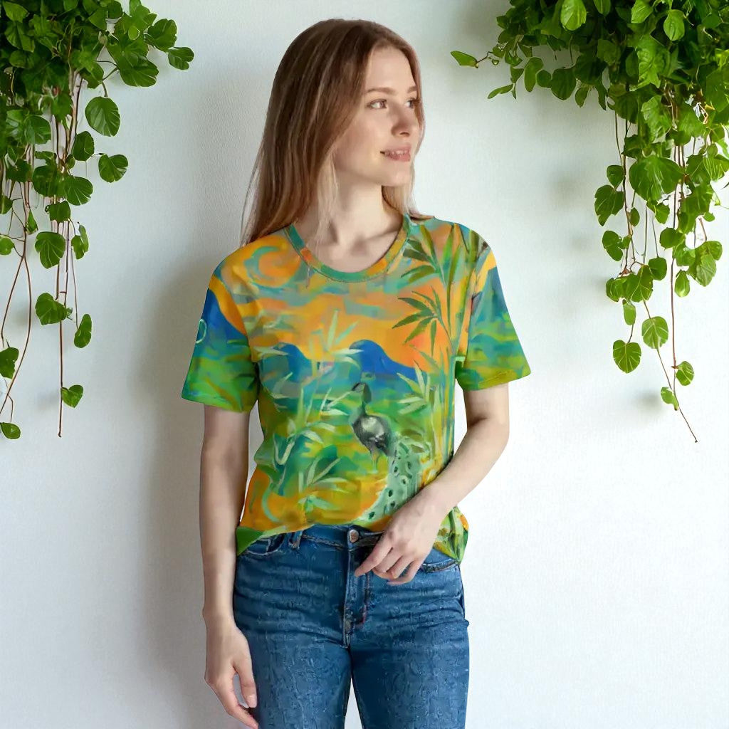 Camiseta de mujer bambú y pavo real, vista tres cuartos, modelo, pared blanca y plantas