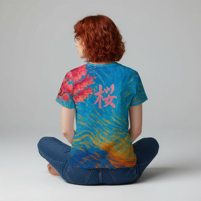 Camiseta de mujer Sakura japonesa, espalda, modelo mujer con kanji sakura , flor de cerezo