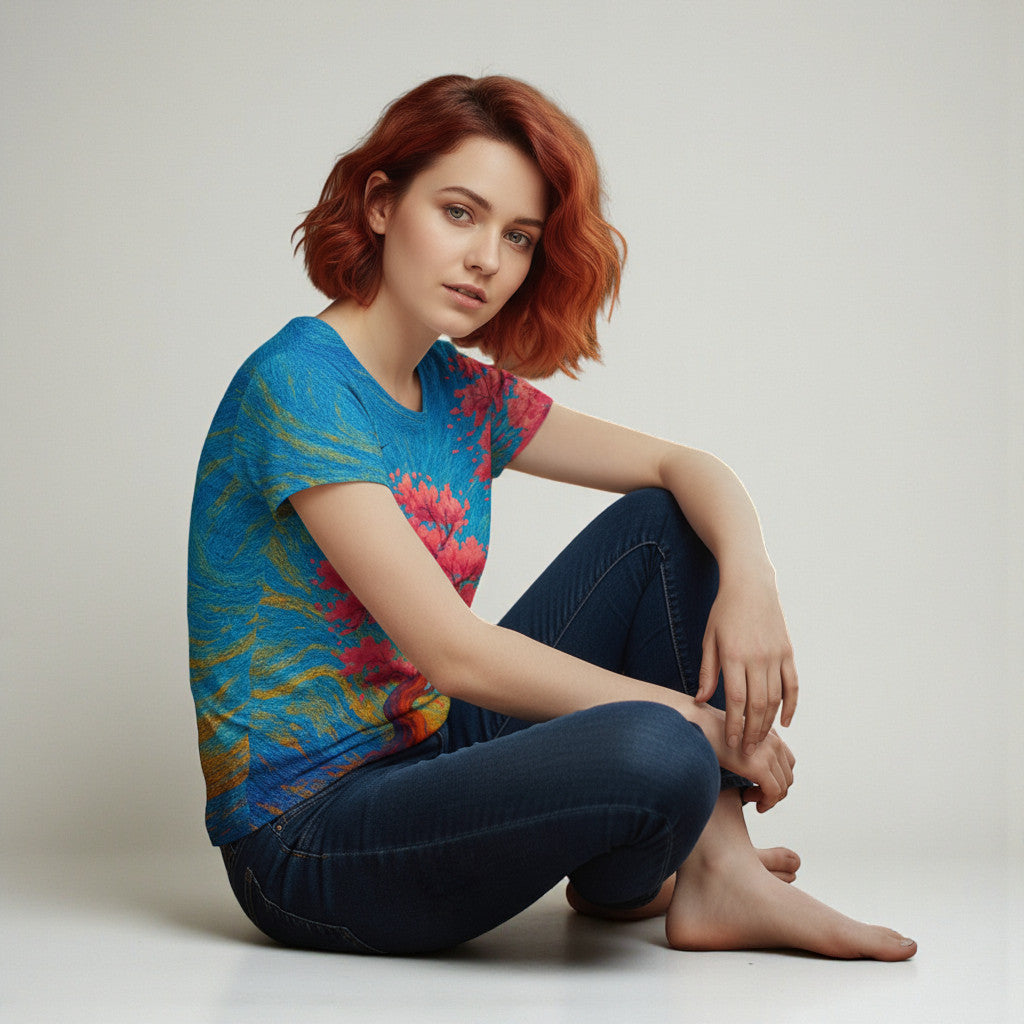 Camiseta de mujer Sakura japonesa, lado derecho, modelo sentada