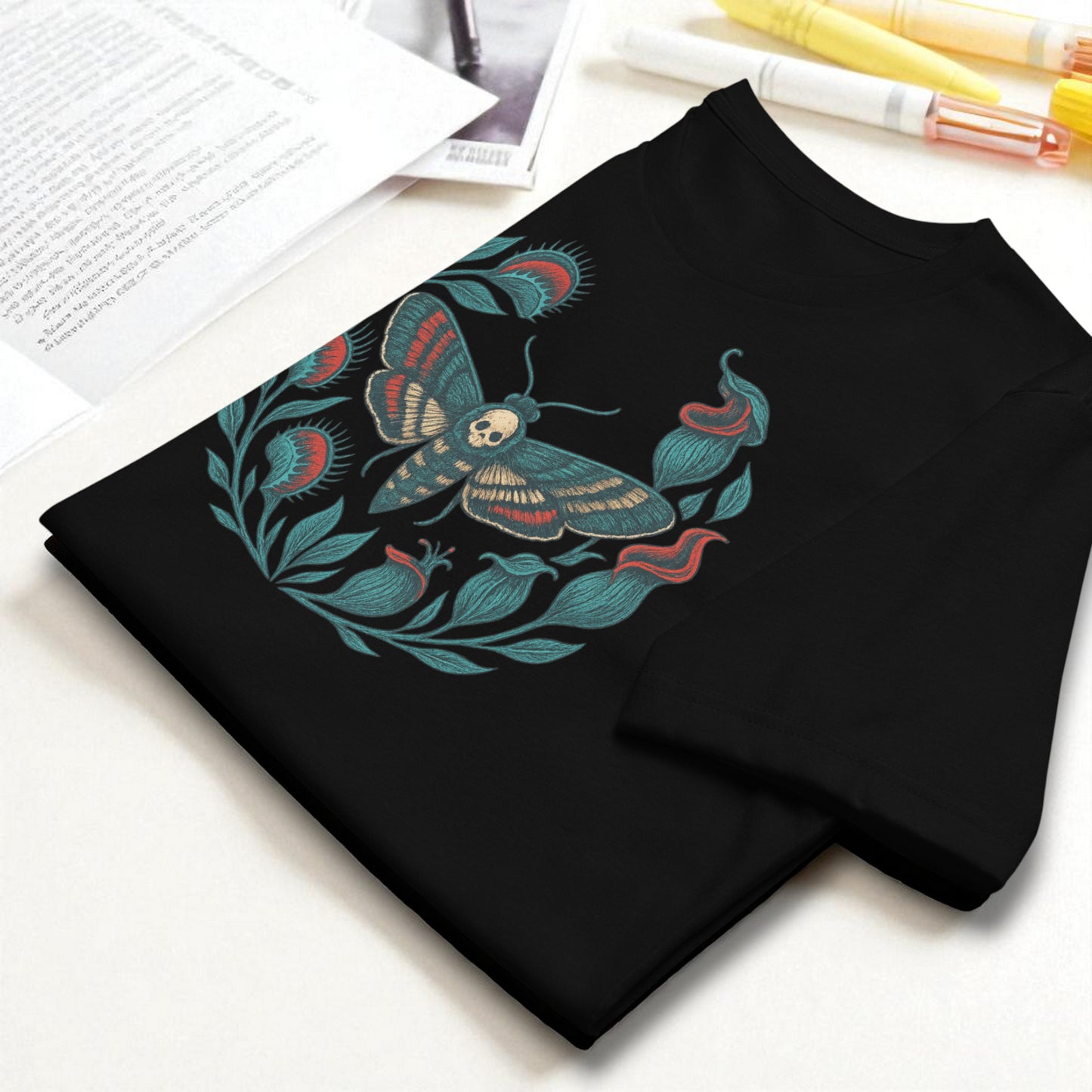 Detalle del estampado de la camiseta eco unisex negra con polilla calavera.