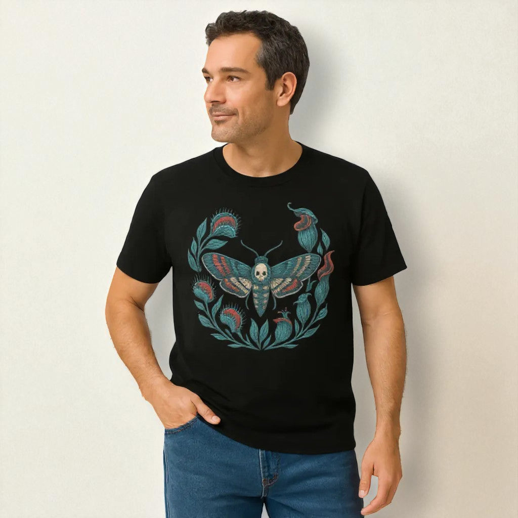 Camiseta eco unisex negra con polilla calavera y hojas, vista frontal en modelo hombre.