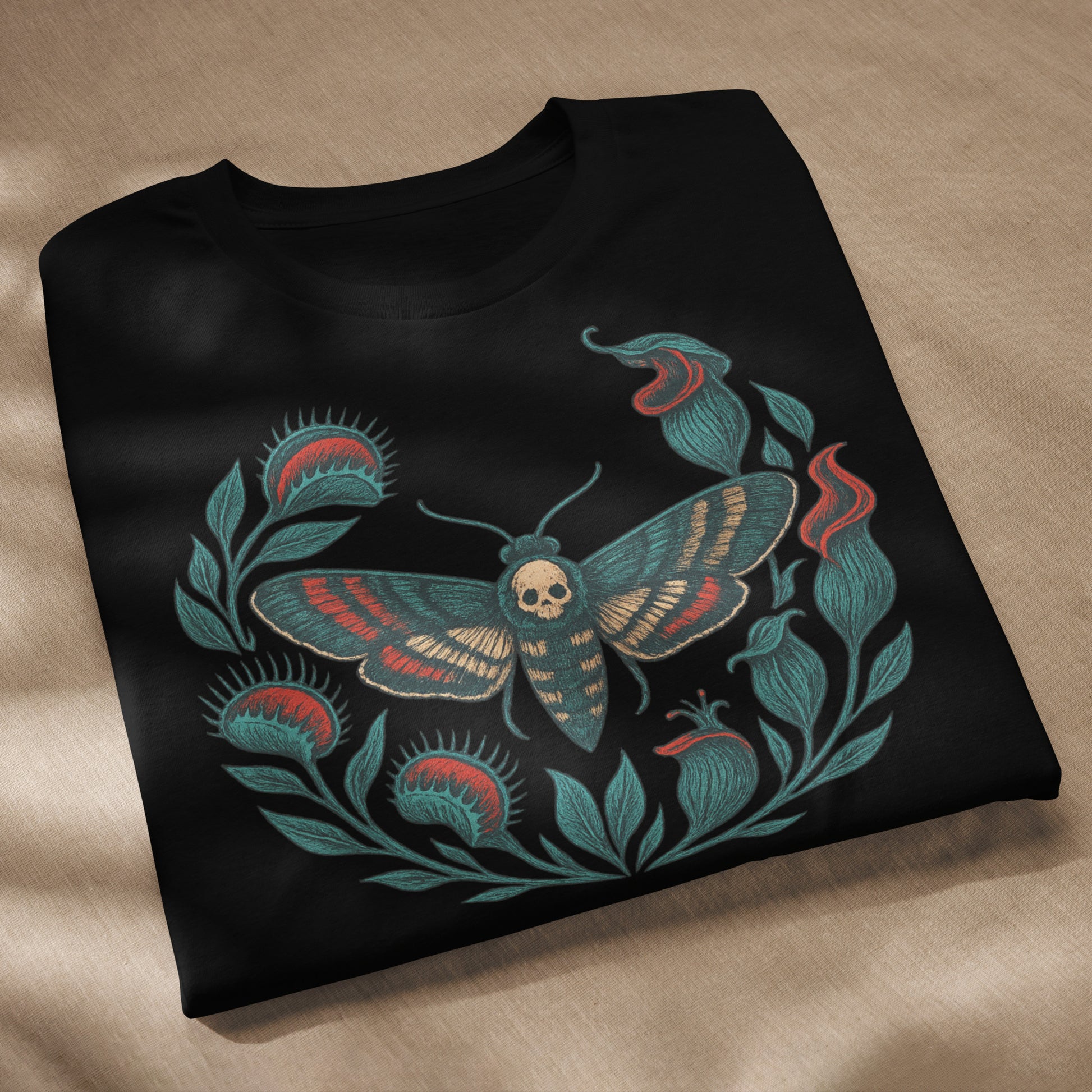 Mockup de camiseta eco unisex negra con diseño de polilla calavera y corona botánica.