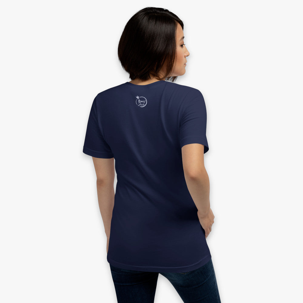 Camiseta navy unisex Si quiero me toco el alma vista prte trasera con  logo 