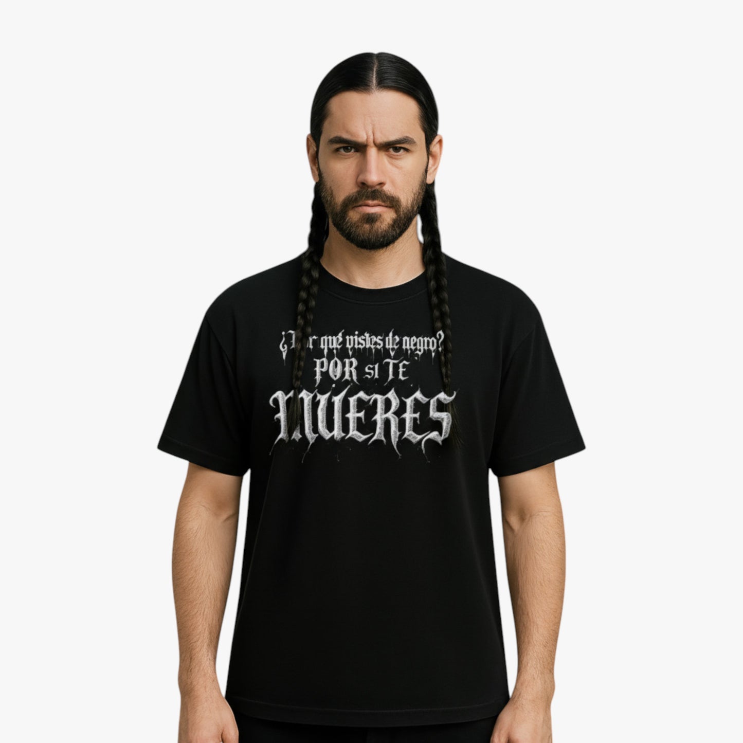 Camiseta negra unisex “¿Por qué estás de negro? Por si te mueres” modelo hombre  frontal
