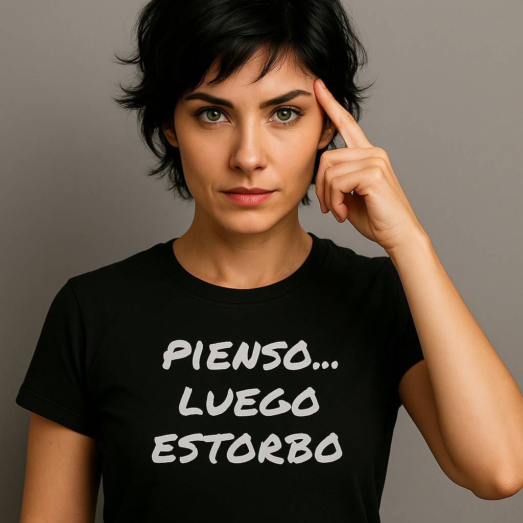 Camiseta negra unisex con frase Pienso luego estorbo vista frontal en modelo mujer