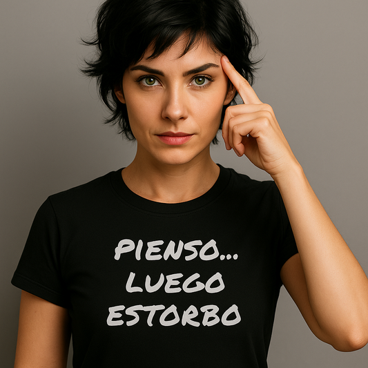 Camiseta negra unisex con frase Pienso luego estorbo vista frontal en modelo mujer