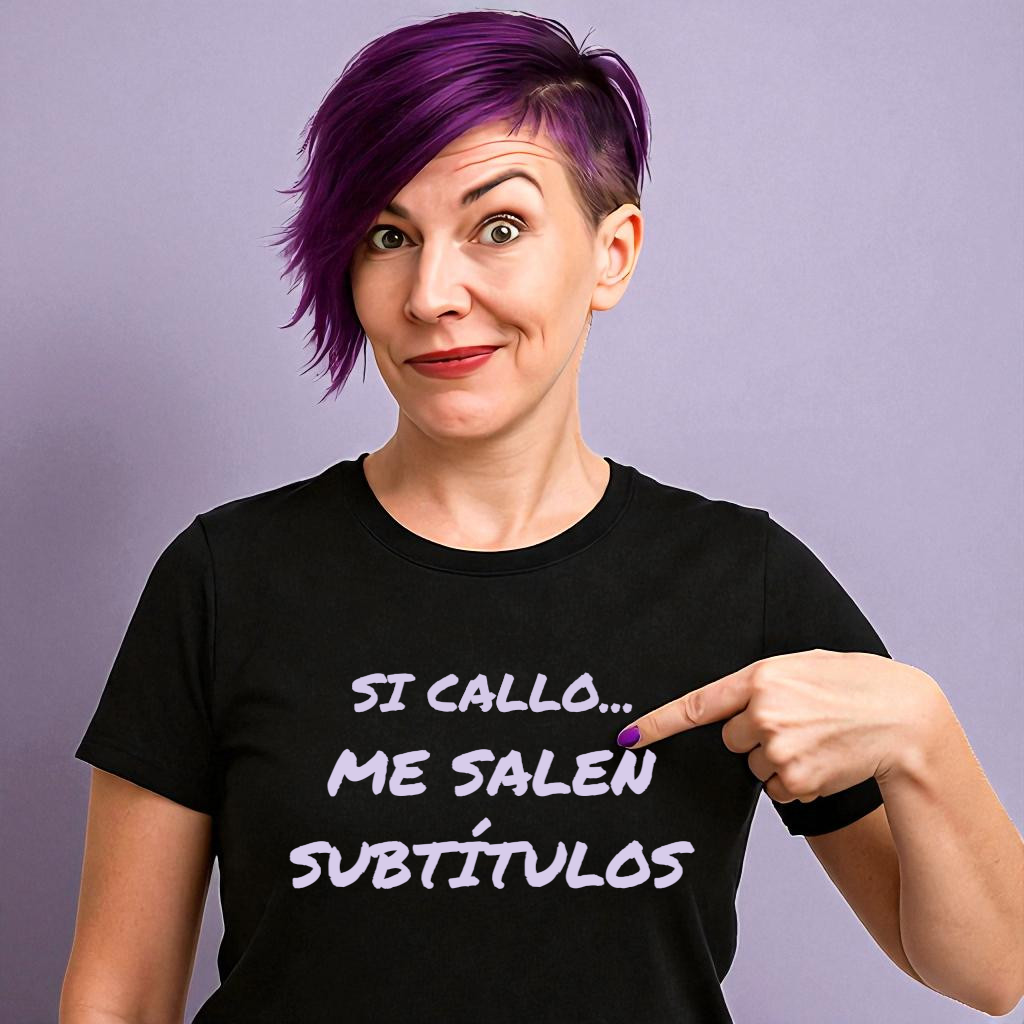Camiseta negra unisex con frase Si callo me salen subtítulos en modelo mujer vista frontal