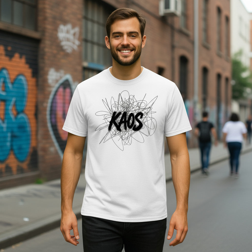 Hombre con camiseta blanca kaos en calle con mural de fondo