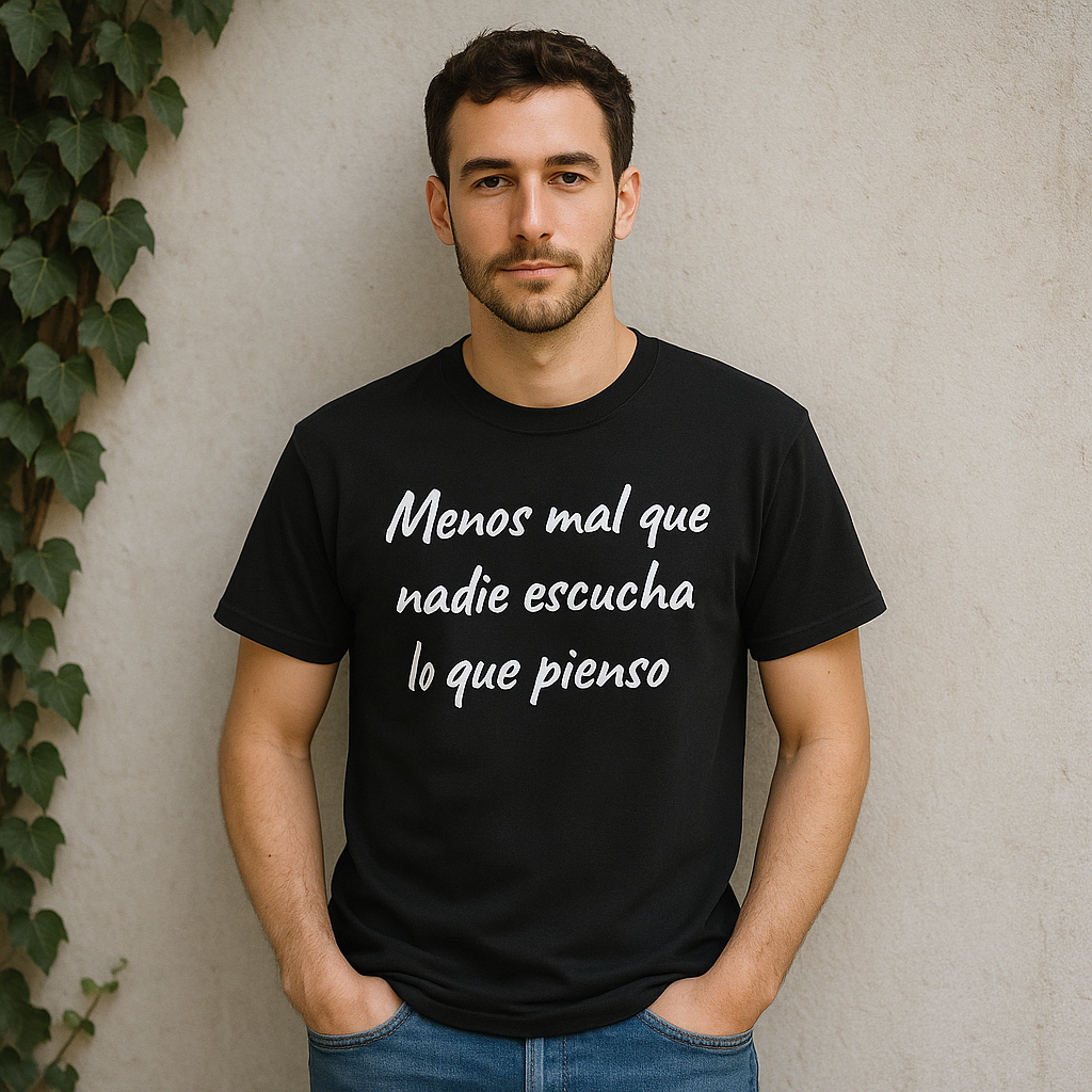 Hombre con camiseta negra con la frase menos mal que nadie escucha lo que pienso junto a planta