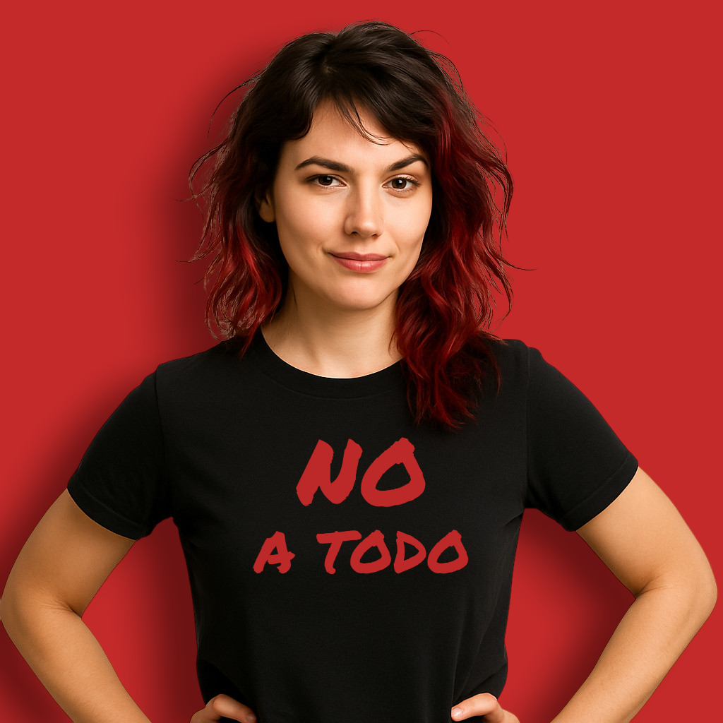 Mujer con camiseta negra con la frase no a todo sobre fondo rojo