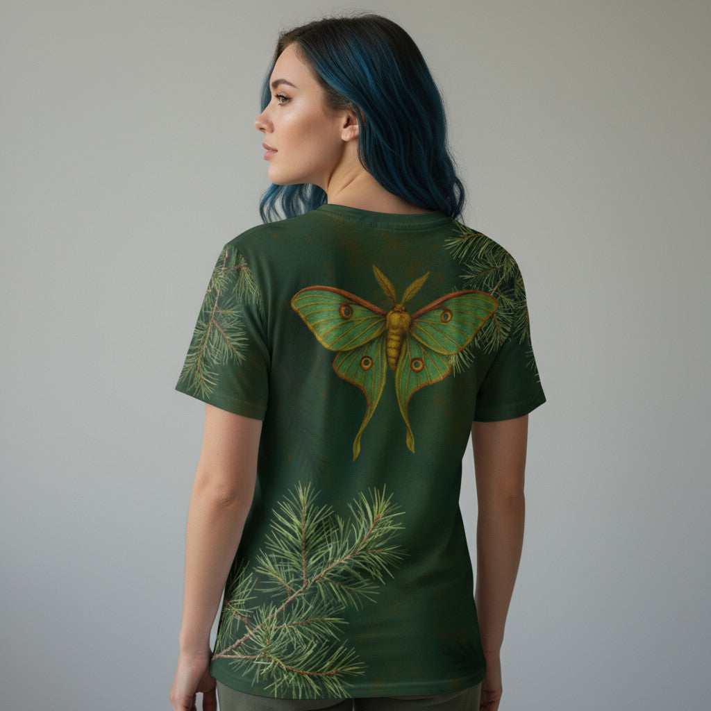 Camiseta unisex verde “Mariposa isabelina”, vista trasera en modelo mujer