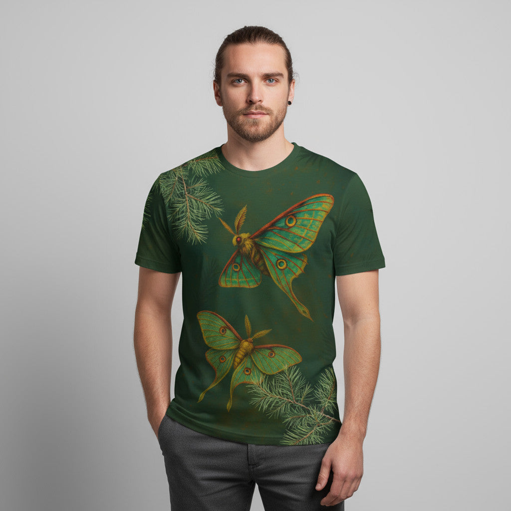 Camiseta unisex verde “Mariposa isabelina”, vista frontal en modelo hombre