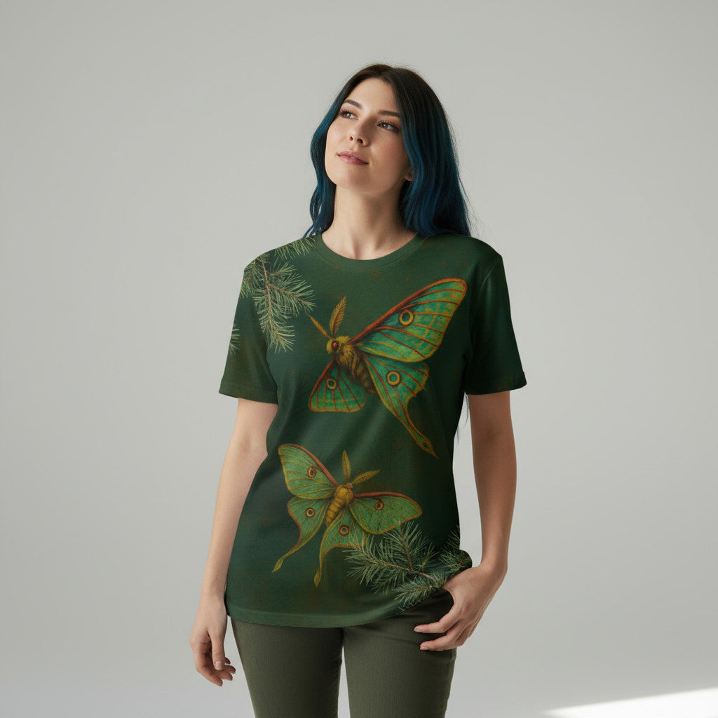 Camiseta unisex verde “Mariposa isabelina” con ilustración frontal, vista en modelo mujer