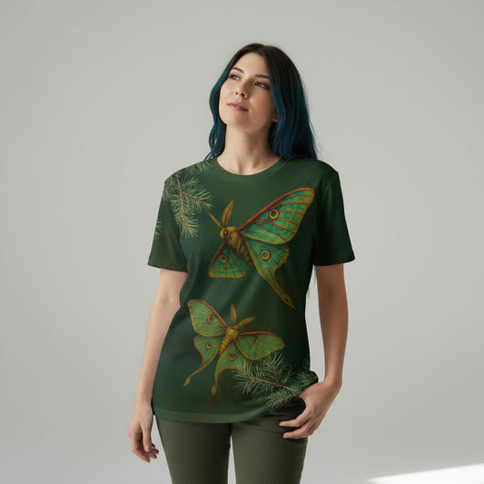 Camiseta unisex verde “Mariposa isabelina” con ilustración frontal, vista en modelo mujer