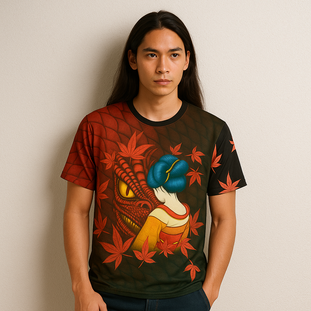 Modelo hombre con camiseta de dragón rojo y geisha japonesa. Diseño exclusivo Kuzen Saha