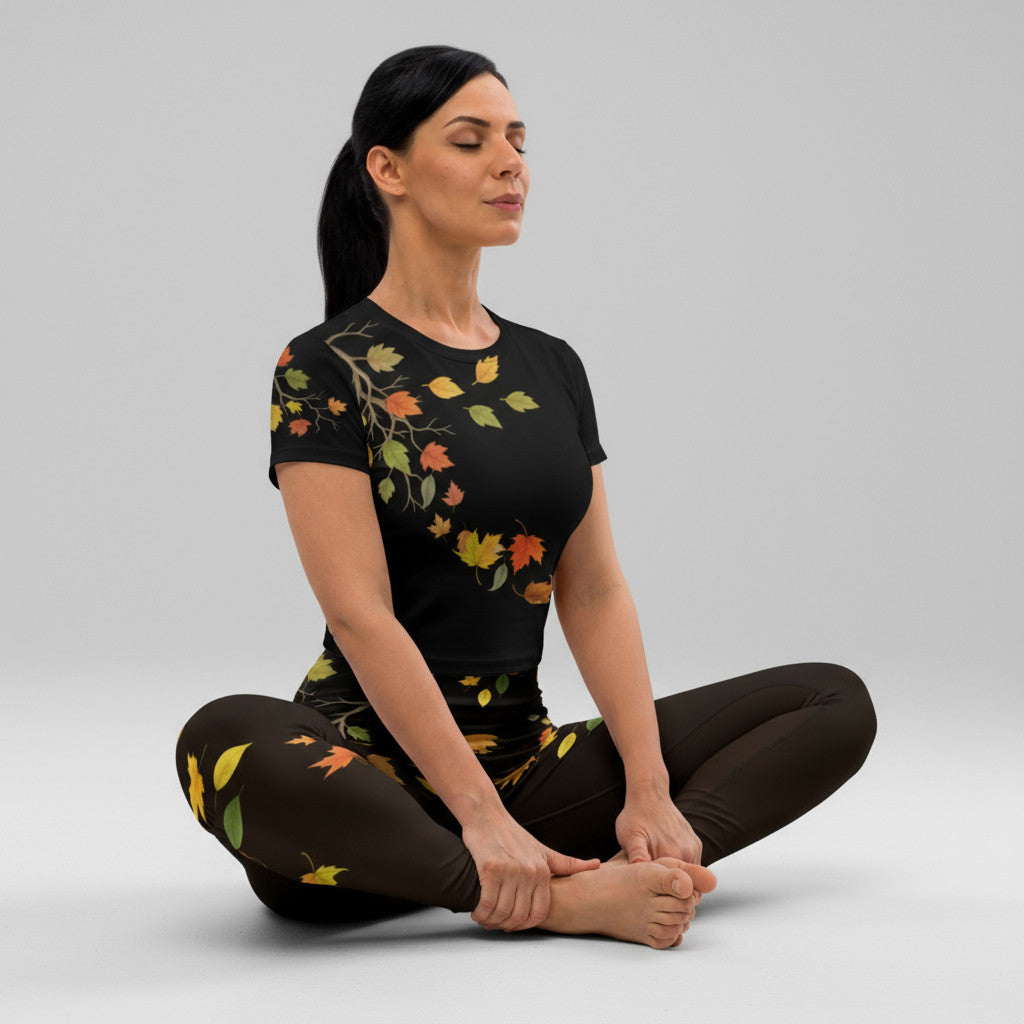 Conjunto de yoga negro con estampado de hojas de otoño