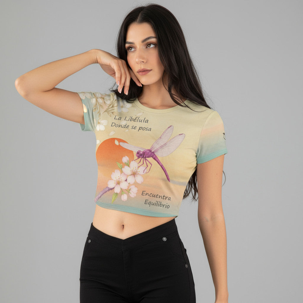 Modelo con crop top de libélula en tonos crema y lavanda, vista fronta